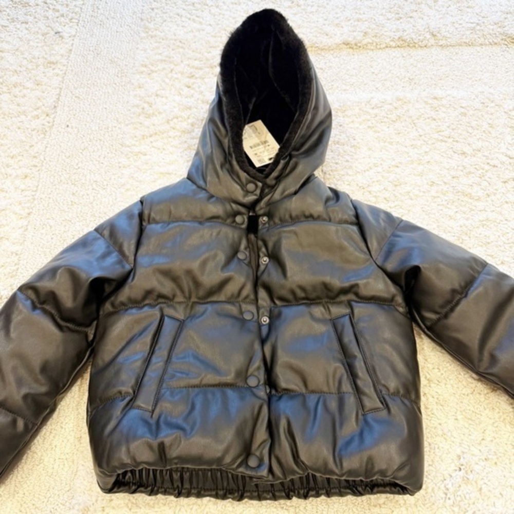 💋Zara faux leather Black Kids Puffer Jacket size 7